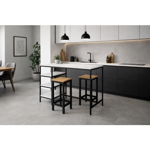 Zestaw Barowo - Jadalniany z Metalu , Blat Biały Płyta MDF  Stół +2 Taborety Model  ZETS-22